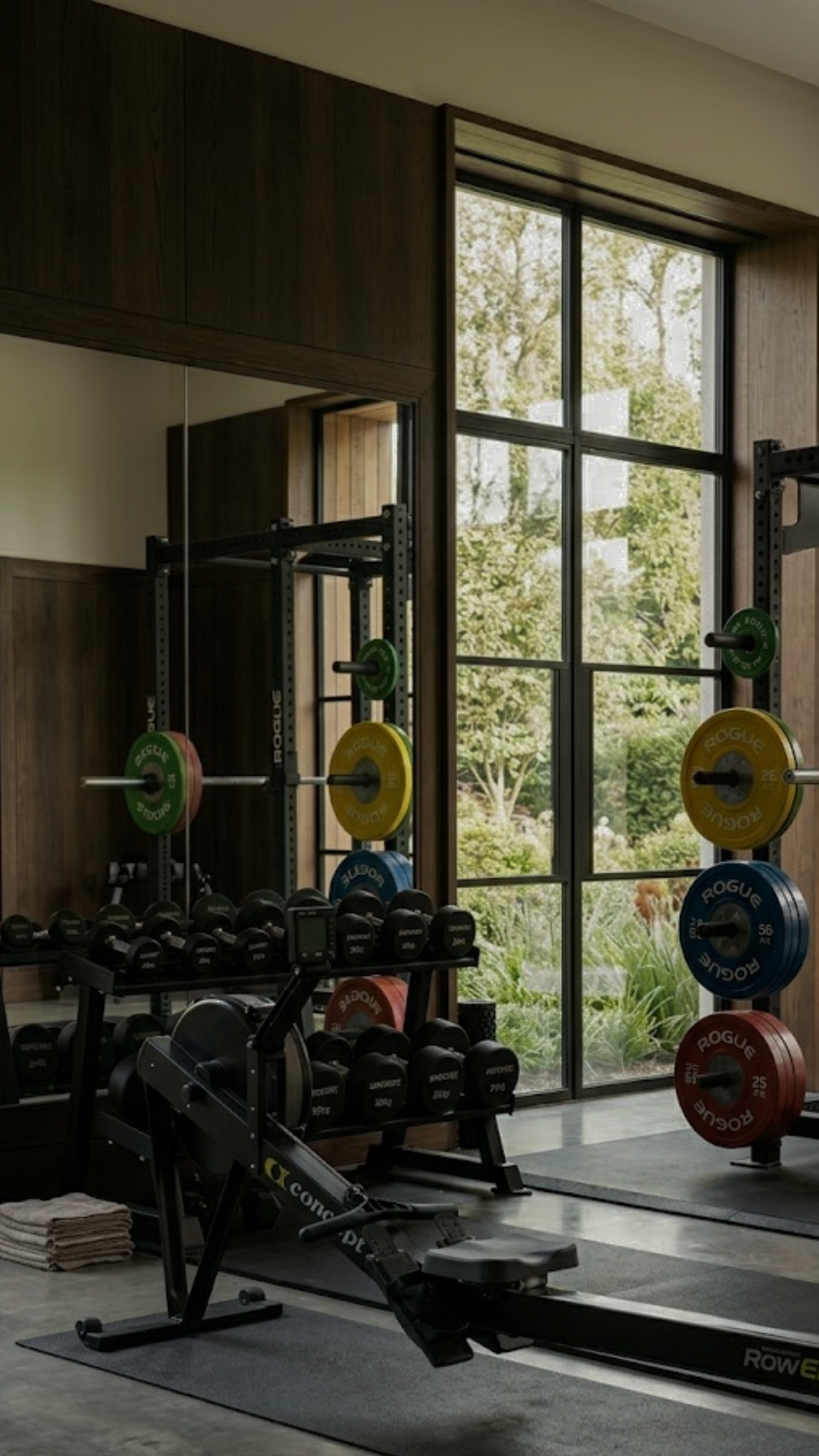 Private gym studio with rower, dumbbells, and bumper plates